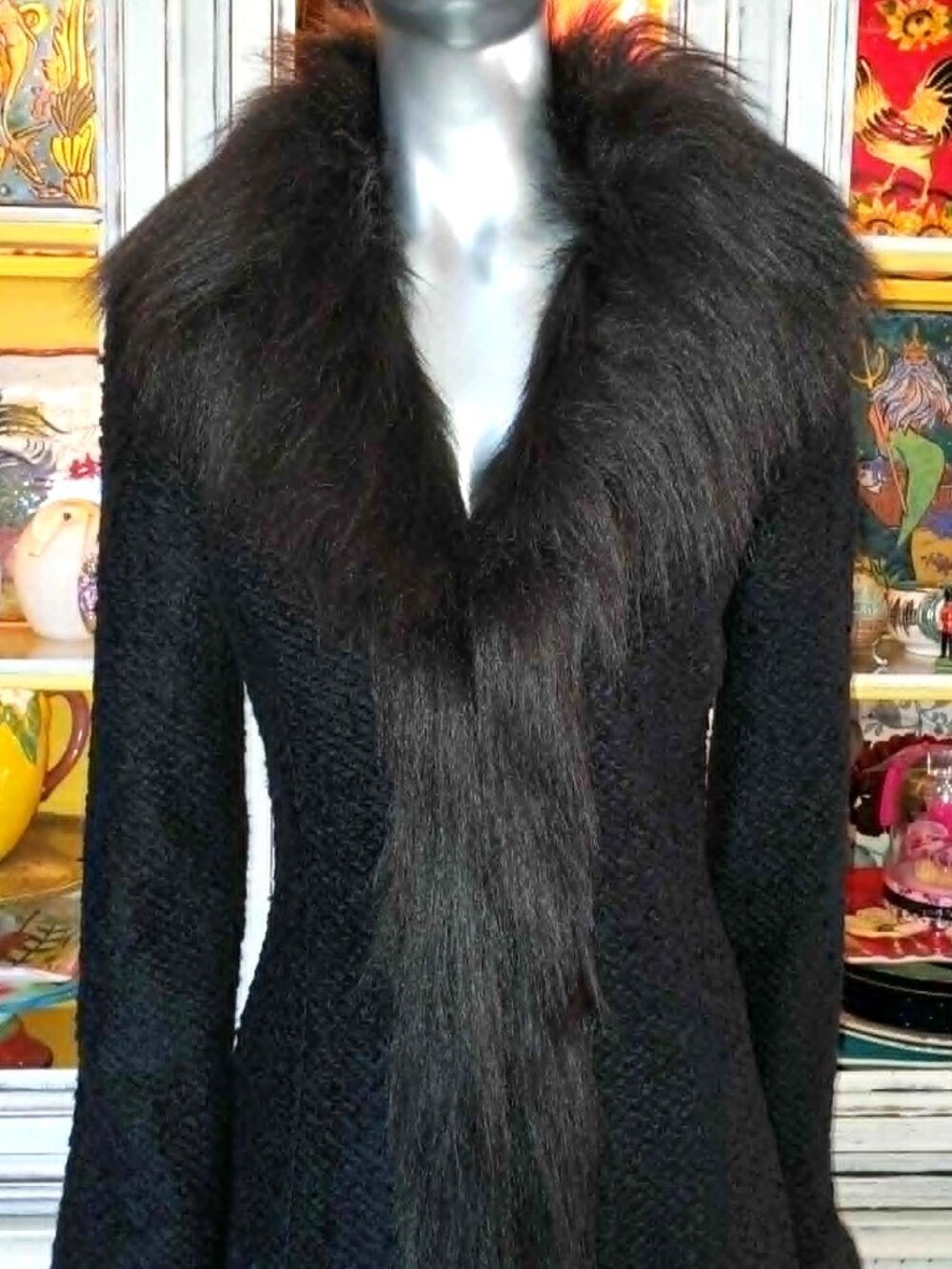 Vintage Betsey Johnson New York 90s Black Faux Fur Long Midi Duster Coat Jacket - Picture 2 of 16